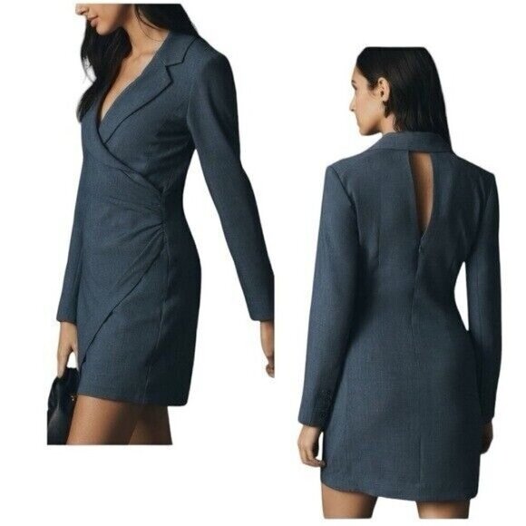 ANTHROPOLOGIE Long Sleeve V Neck Blazer Mini Dress Navy Size 16 NEW